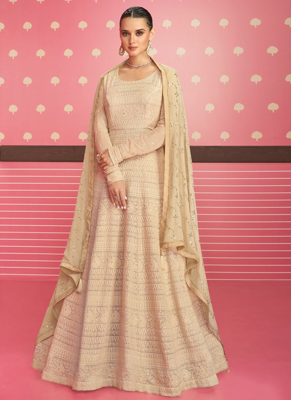 Anarkali Suit Georgette Beige Embroidered Salwar Kameez