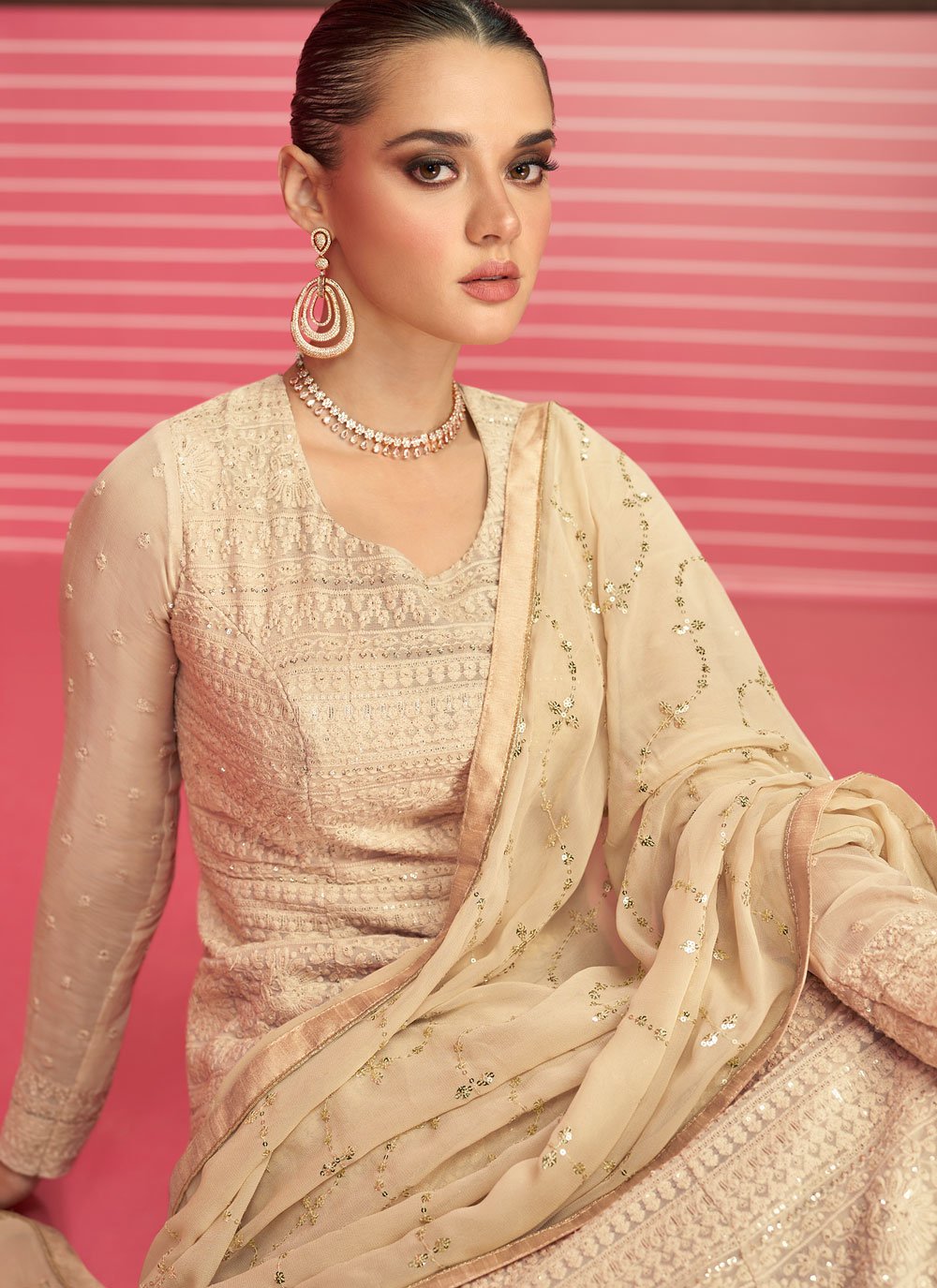 Anarkali Suit Georgette Beige Embroidered Salwar Kameez
