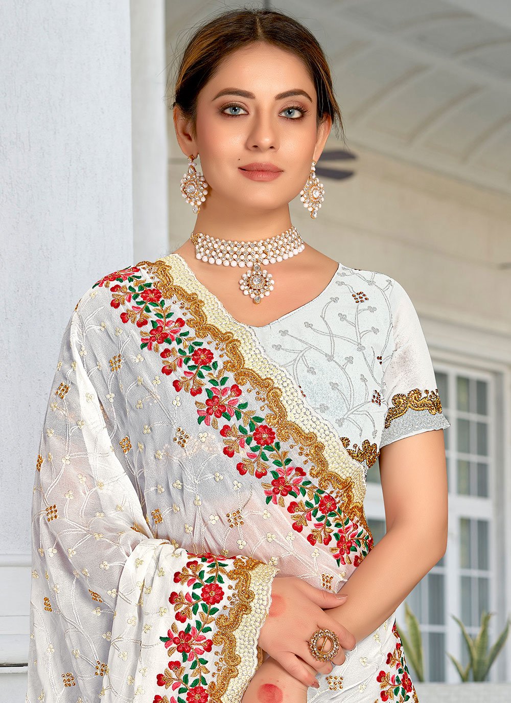 Contemporary Georgette White Embroidered Saree