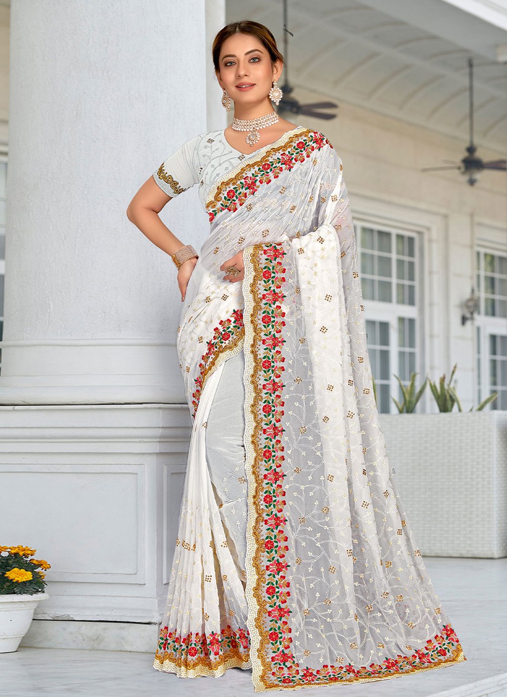 Contemporary Georgette White Embroidered Saree