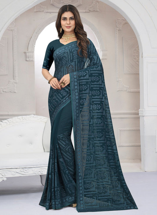 Contemporary Georgette Morpeach Embroidered Saree
