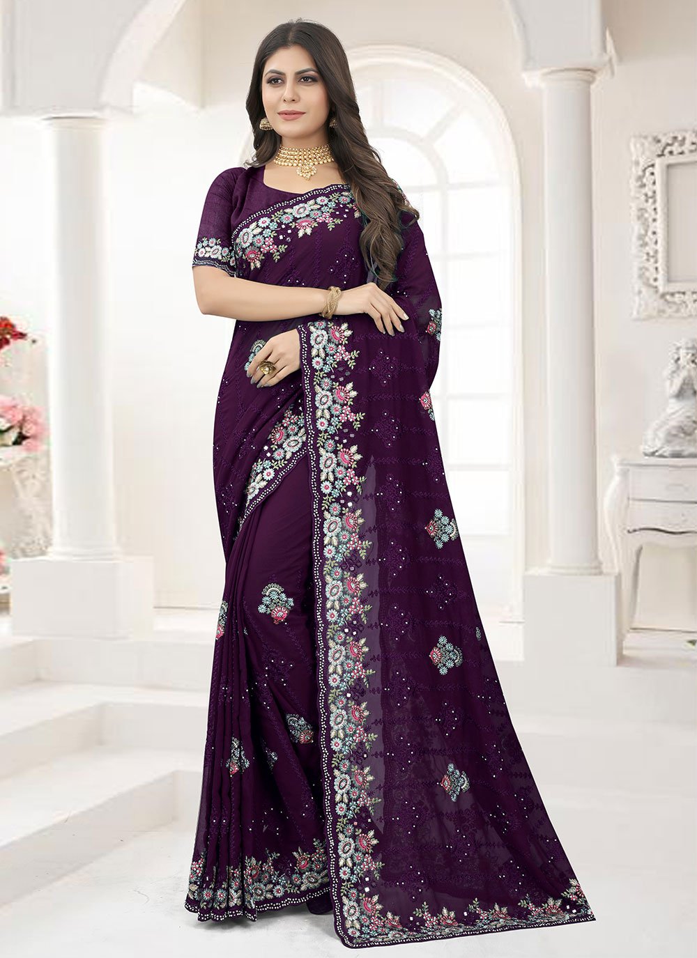 Contemporary Georgette Purple Embroidered Saree