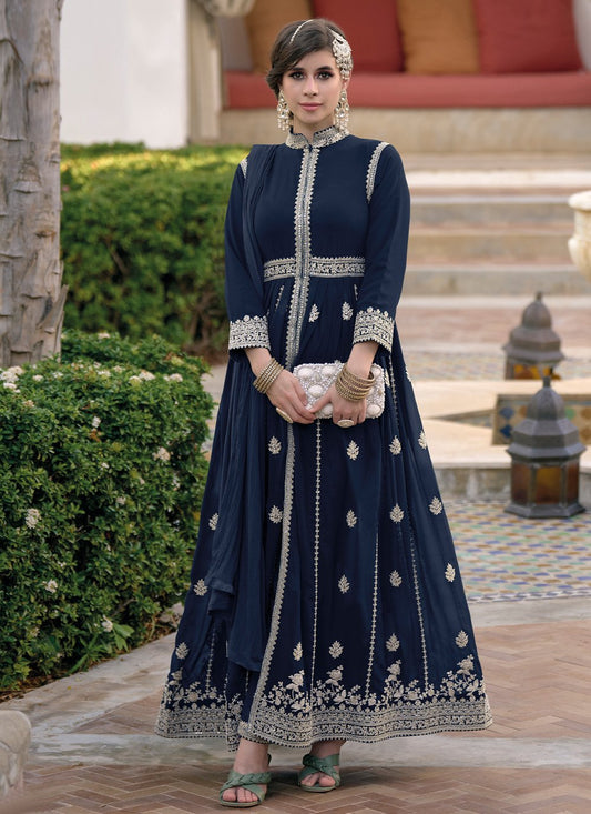 Floor Lenght Salwar Suit Georgette Blue Embroidered Salwar Kameez