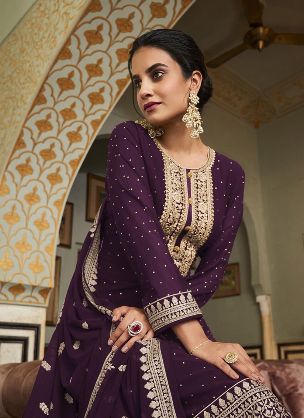 Palazzo Salwar Suit Georgette Purple Diamond Salwar Kameez