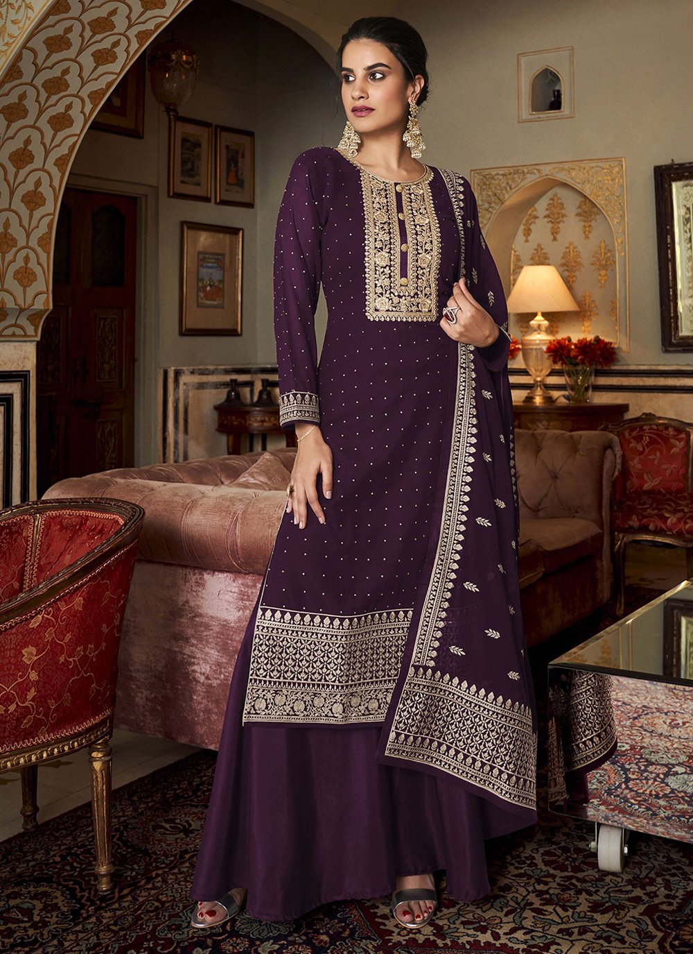 Palazzo Salwar Suit Georgette Purple Diamond Salwar Kameez