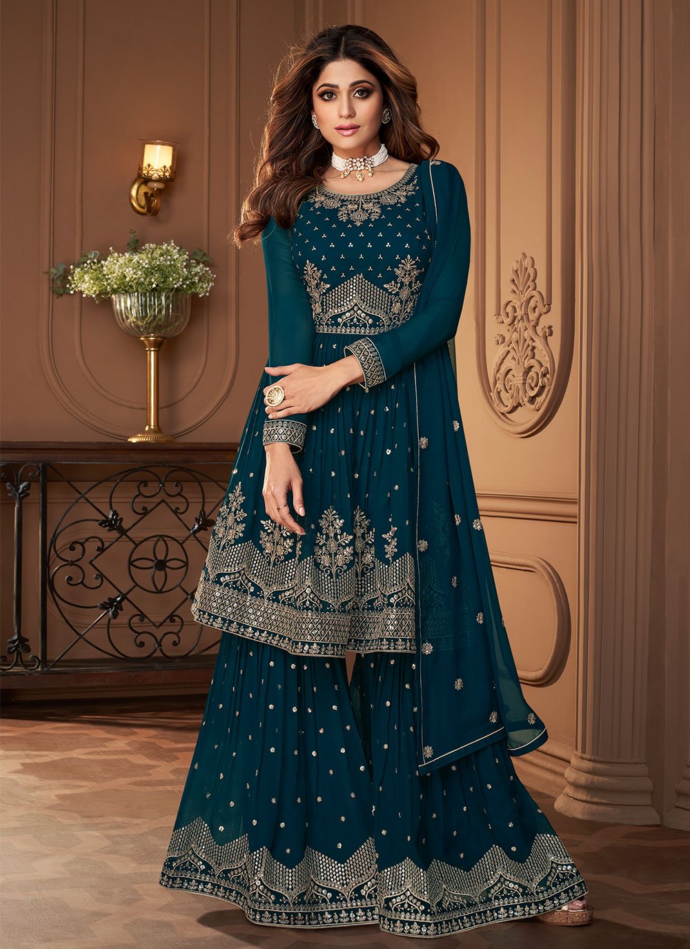 Salwar Suit Georgette Teal Embroidered Salwar Kameez