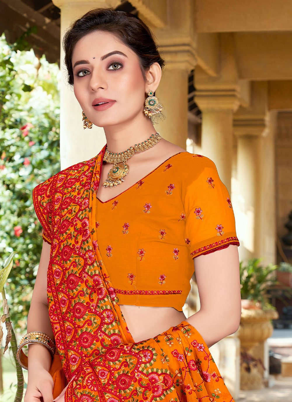 Trendy Saree Georgette Orange Embroidered Saree