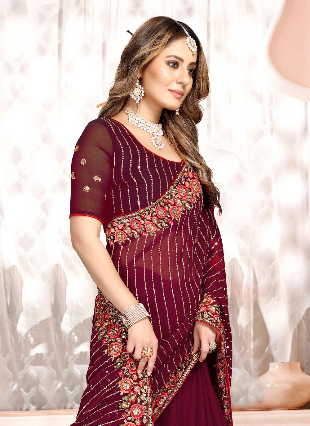 Traditional Saree Georgette Wine Embroidered Saree