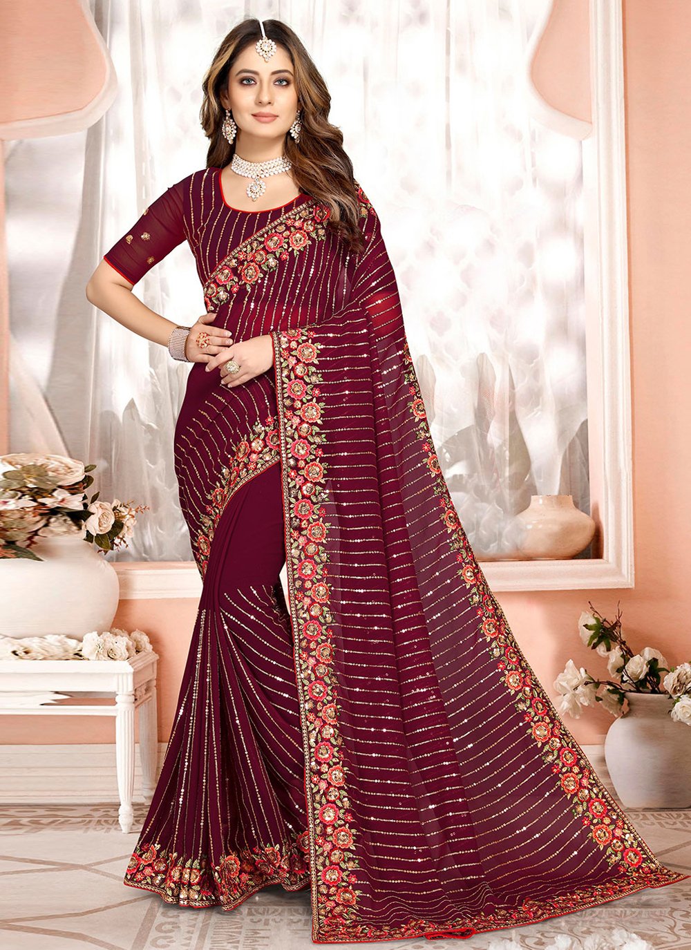 Traditional Saree Georgette Wine Embroidered Saree