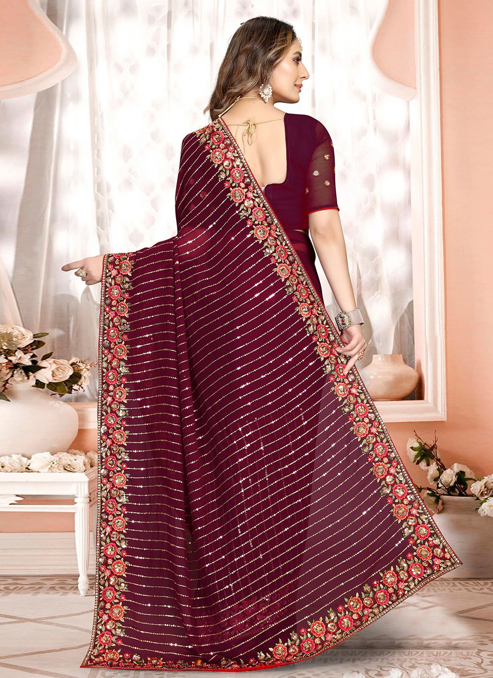 Traditional Saree Georgette Wine Embroidered Saree