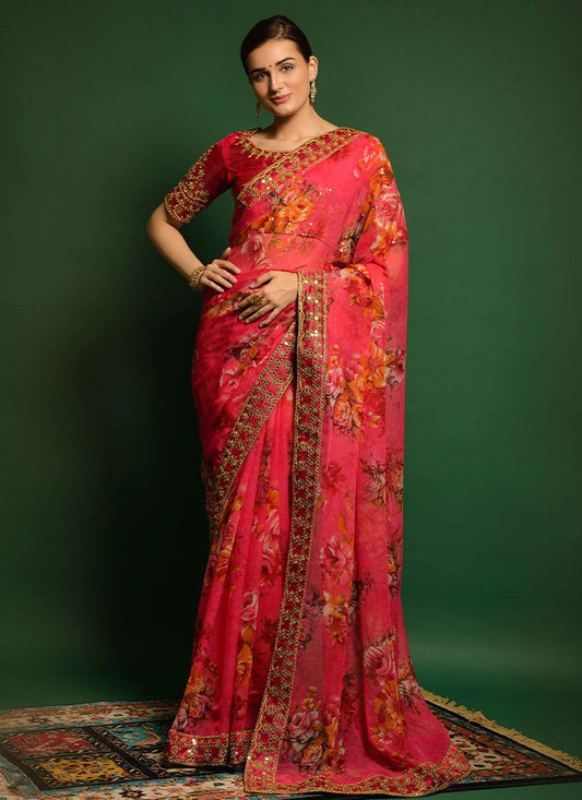 Printed Saree Georgette Pink Embroidered Saree