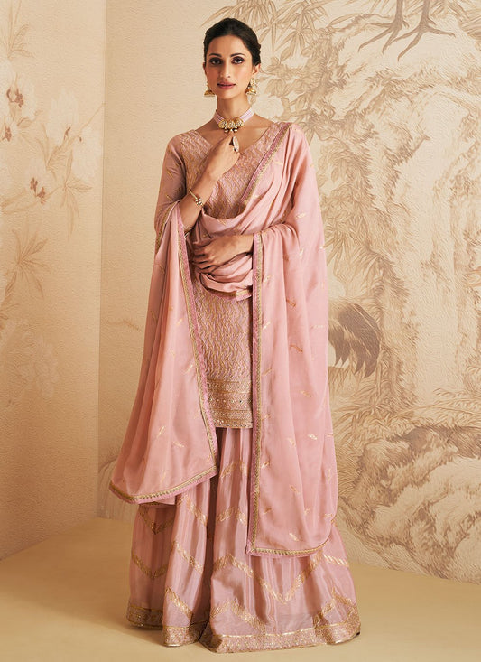 Salwar Suit Chinon Georgette Pink Sequins Salwar Kameez