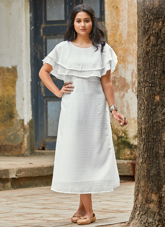 Party Wear Kurti Georgette White Ruffle Kurtis