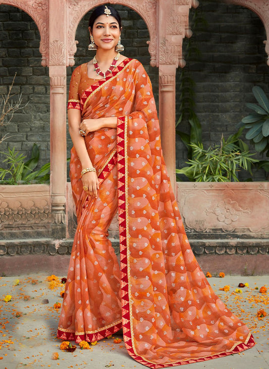 Trendy Saree Georgette Rust Fancy Work Saree