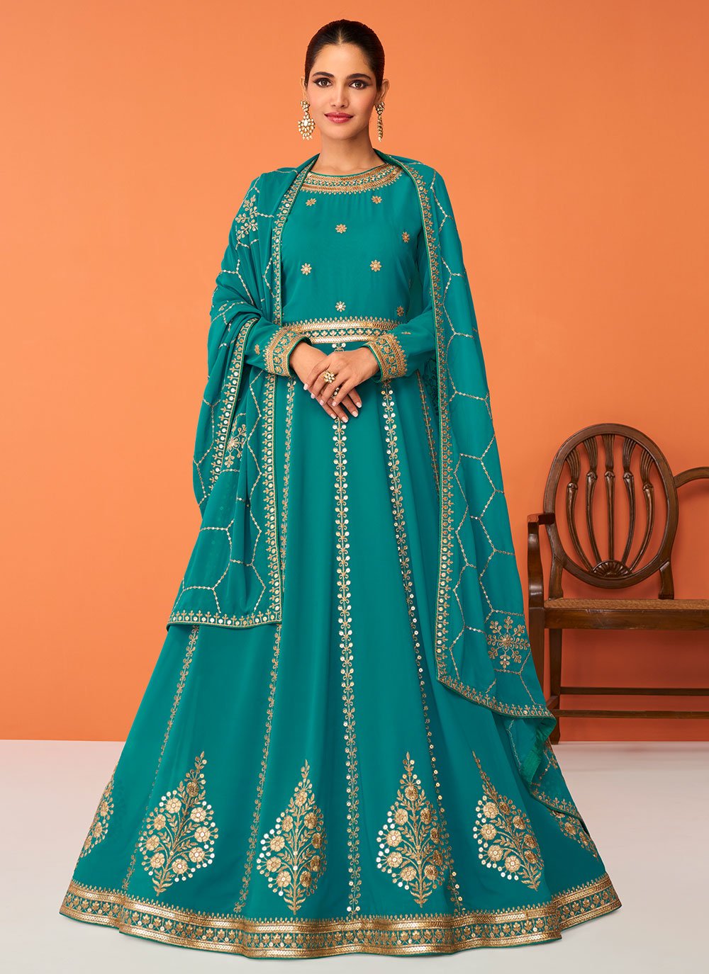 Salwar Suit Georgette Sea Green Embroidered Salwar Kameez