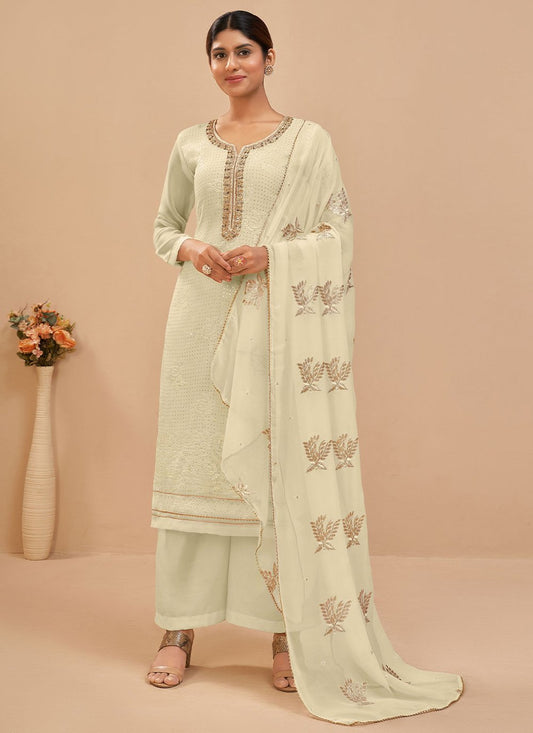 Salwar Suit Georgette Off White Embroidered Salwar Kameez