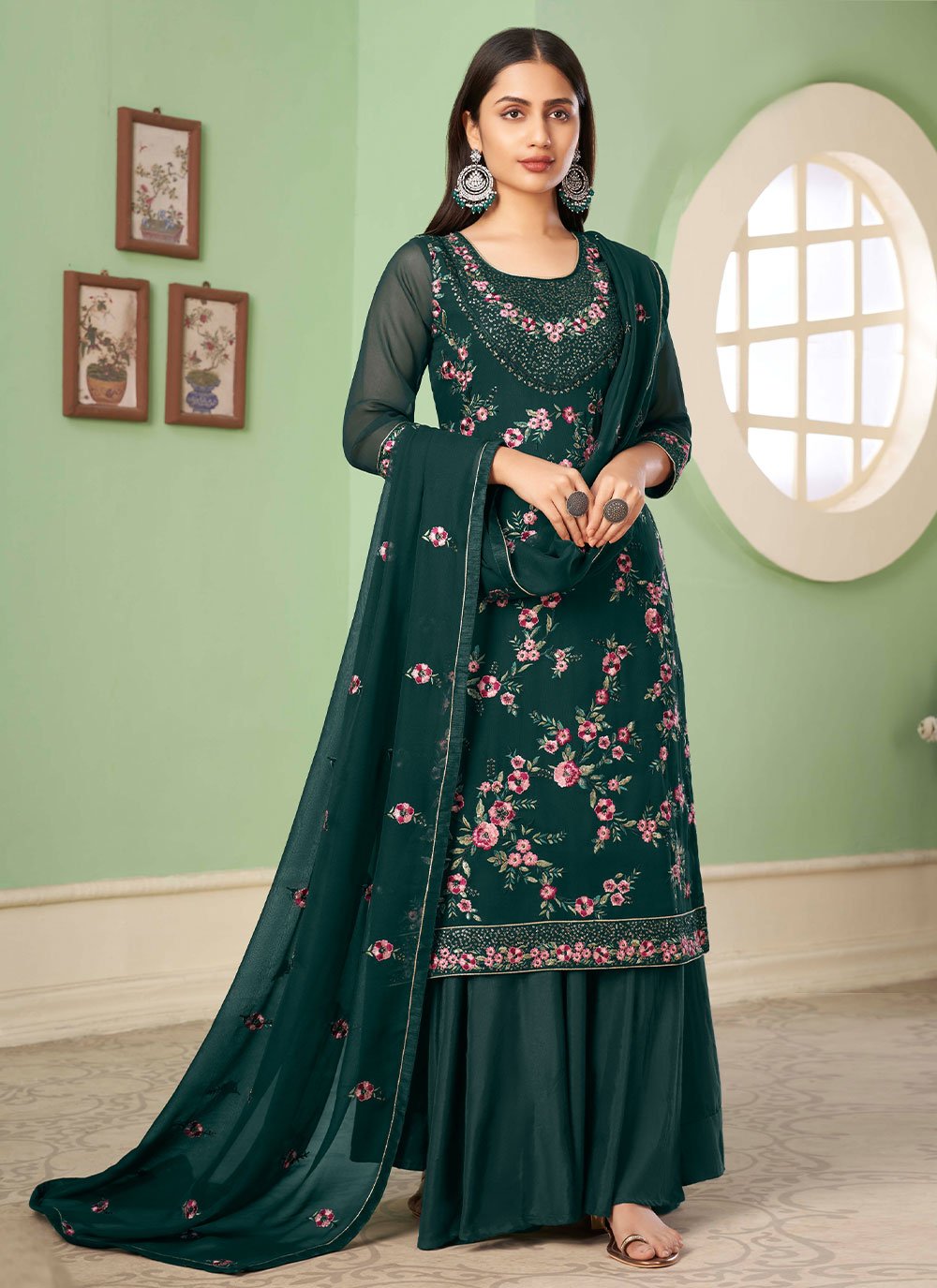 Salwar Suit Georgette Green Embroidered Salwar Kameez