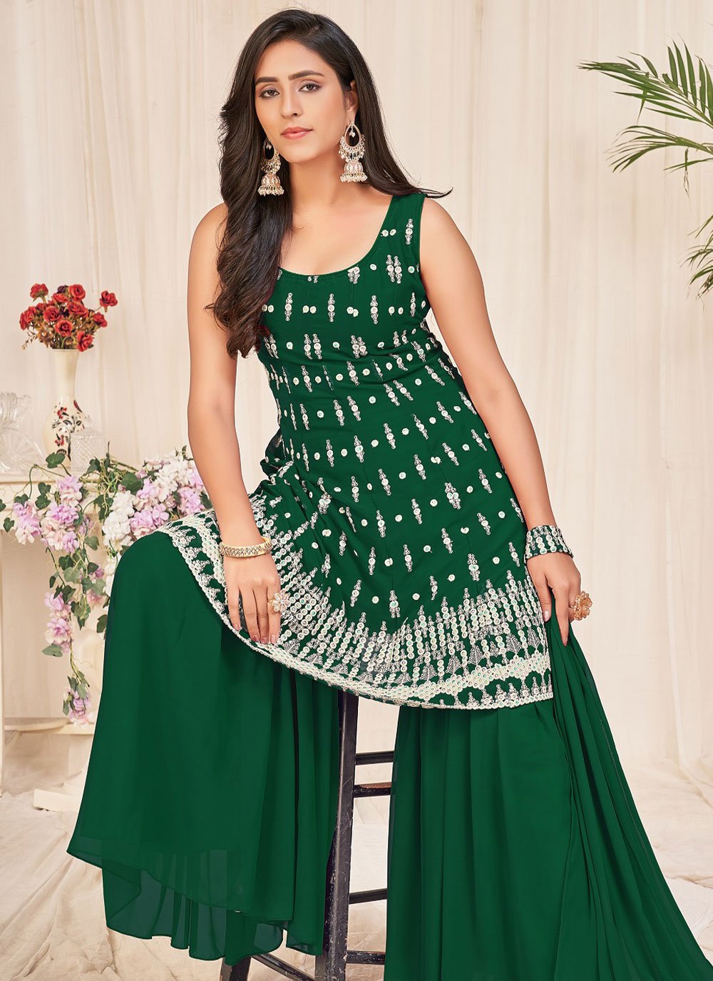 Salwar Suit Georgette Green Embroidered Salwar Kameez