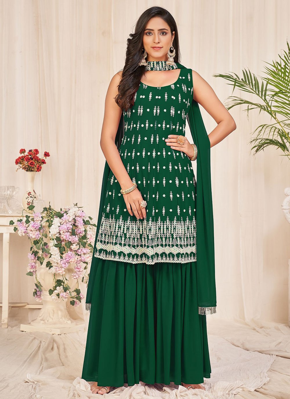 Salwar Suit Georgette Green Embroidered Salwar Kameez