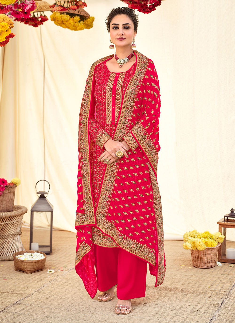 Salwar Suit Georgette Red Embroidered Salwar Kameez