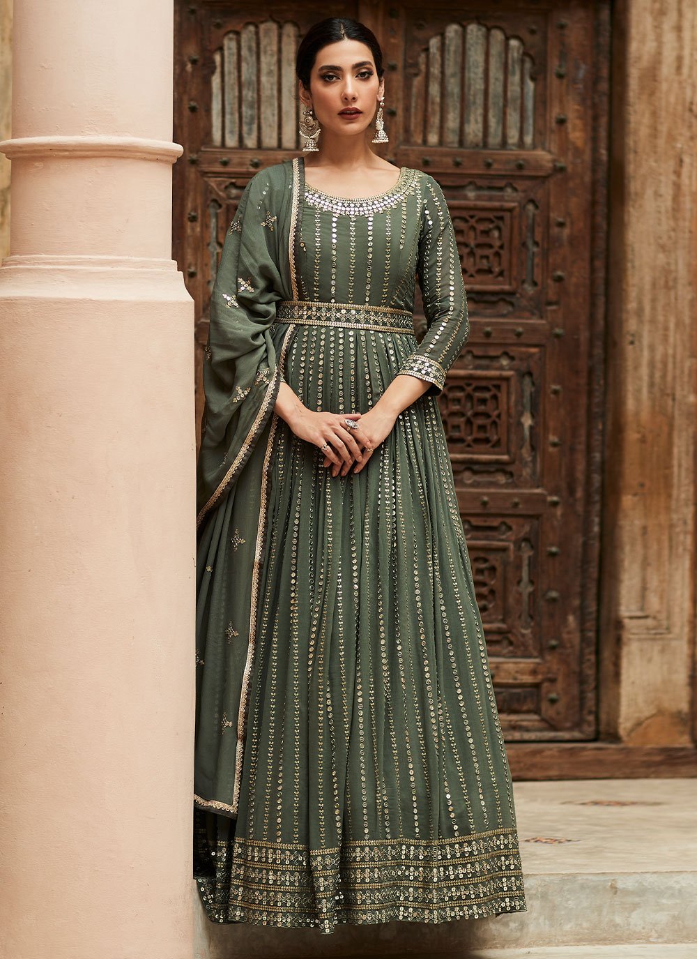 Salwar Suit Georgette Green Embroidered Salwar Kameez