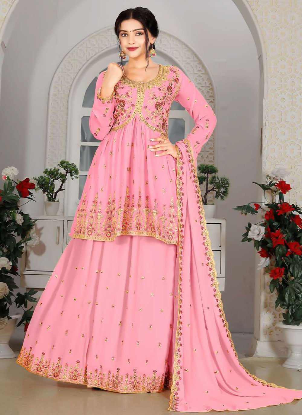 A Line Lehenga Georgette Pink Embroidered Lehenga Choli