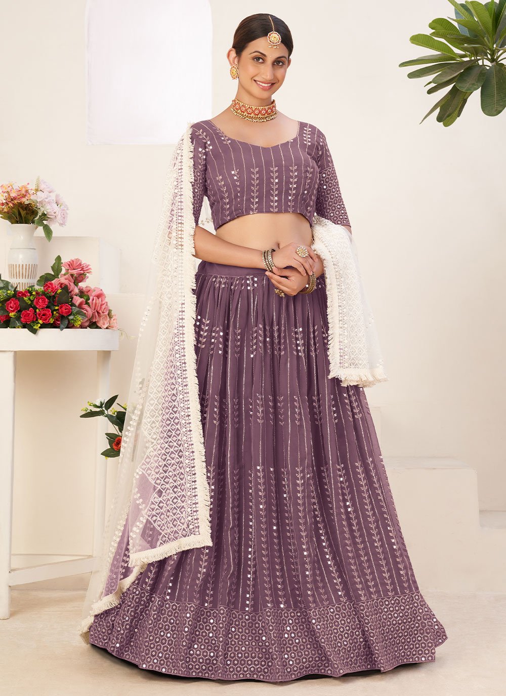 Lehenga Choli Georgette Lavender Embroidered Lehenga Choli