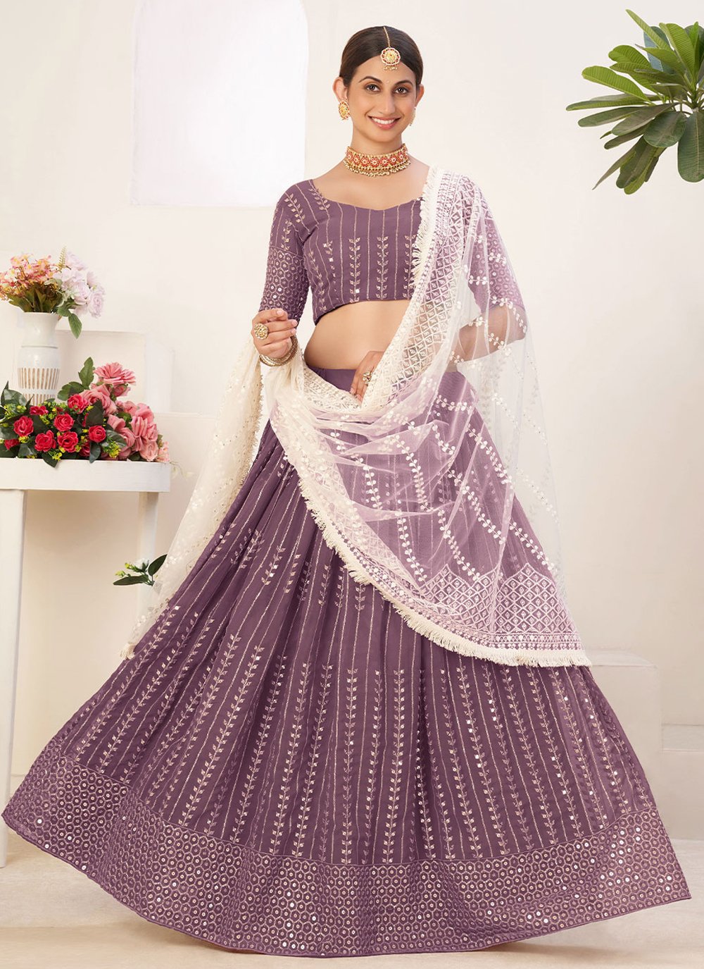 Lehenga Choli Georgette Lavender Embroidered Lehenga Choli