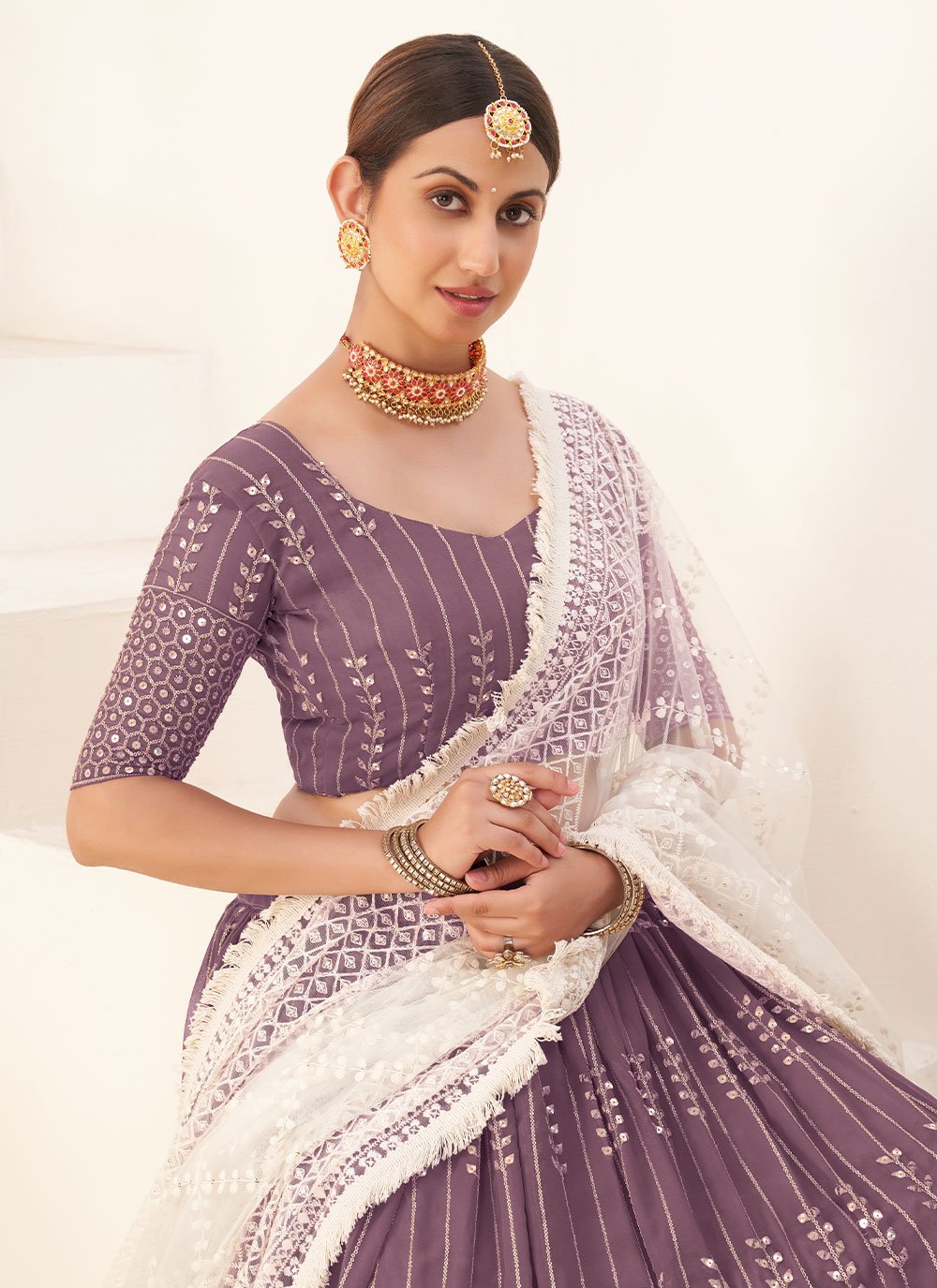 Lehenga Choli Georgette Lavender Embroidered Lehenga Choli