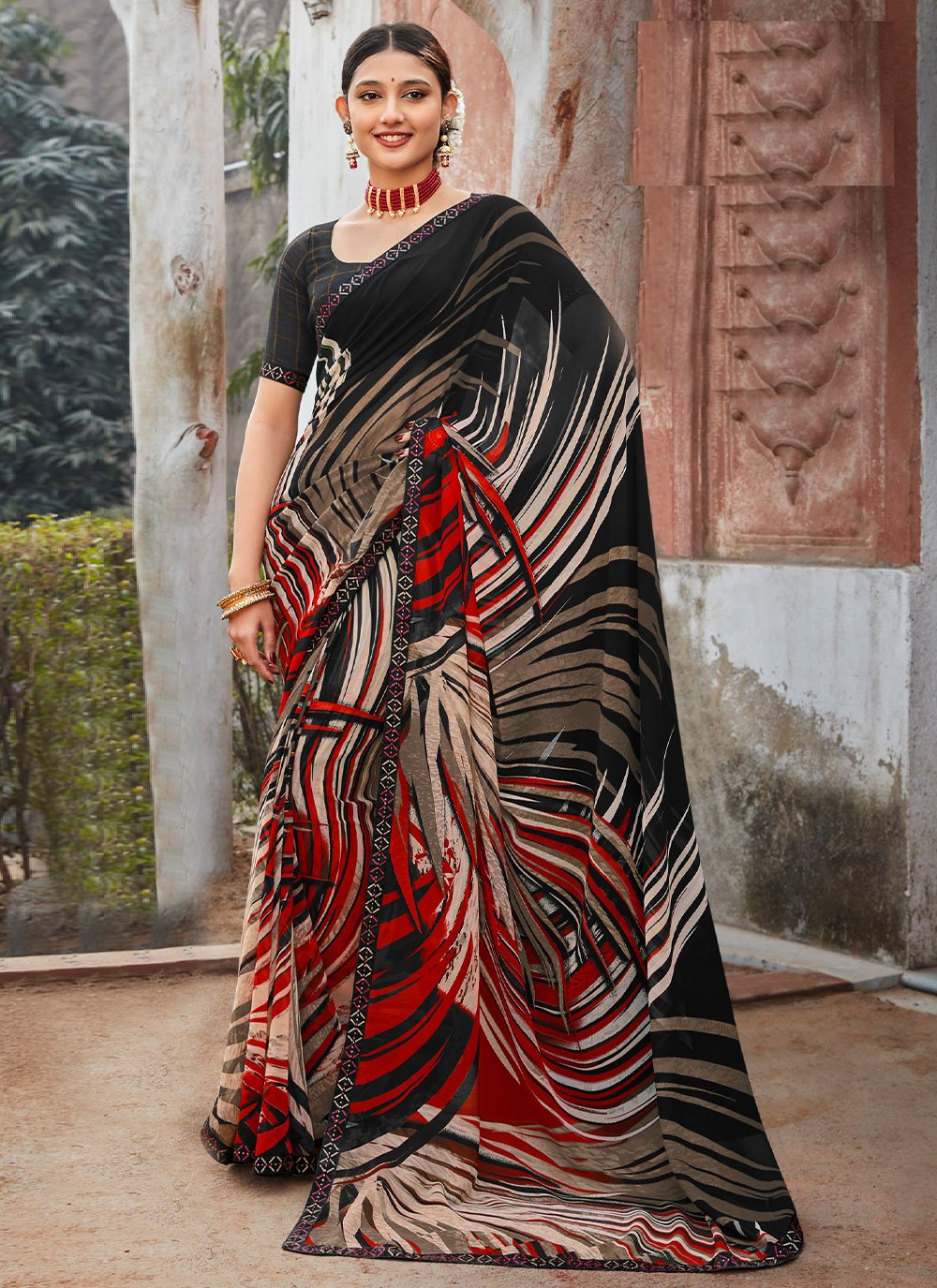 Classic Georgette Multi Colour Patch Border Saree