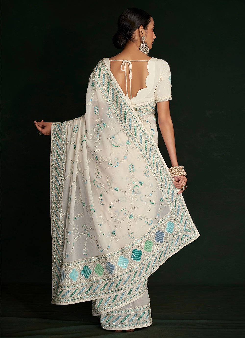 Classic Georgette Off White Lucknowi Work Saree