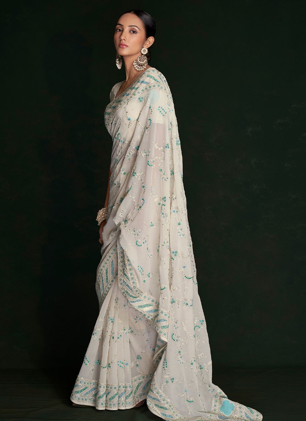 Classic Georgette Off White Lucknowi Work Saree