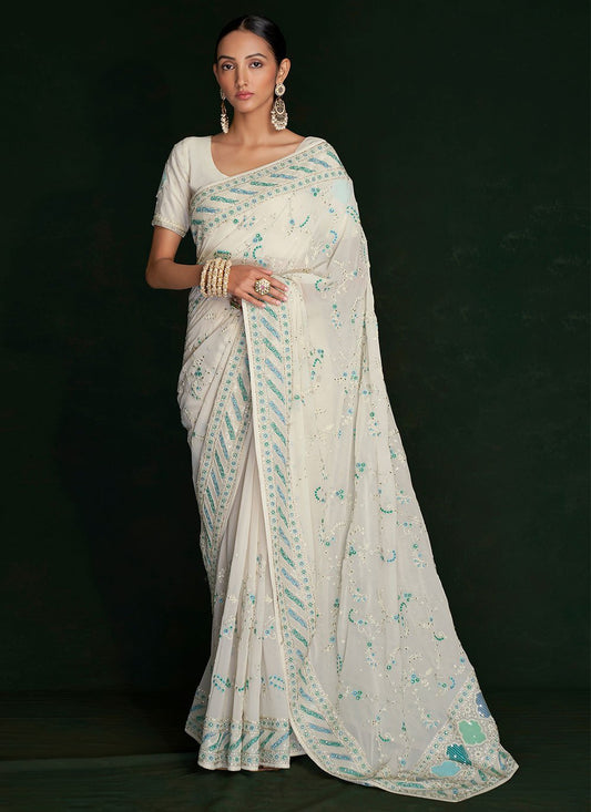 Classic Georgette Off White Lucknowi Work Saree