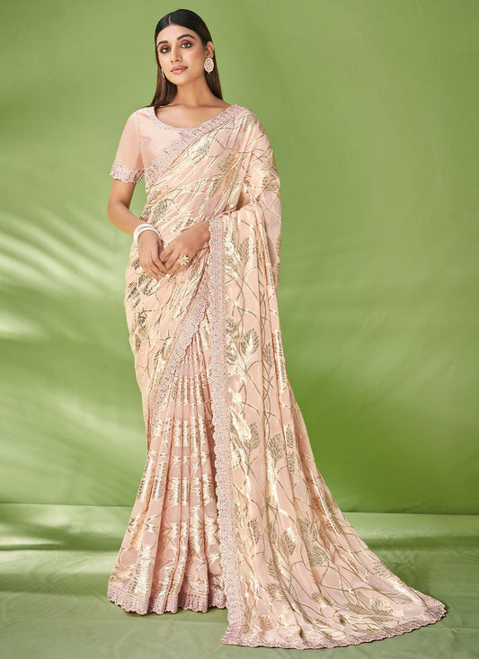 Classic Georgette Jacquard Beige Foil Print Saree