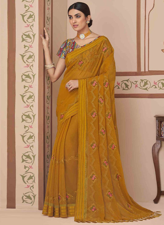 Classic Georgette Mustard Embroidered Saree