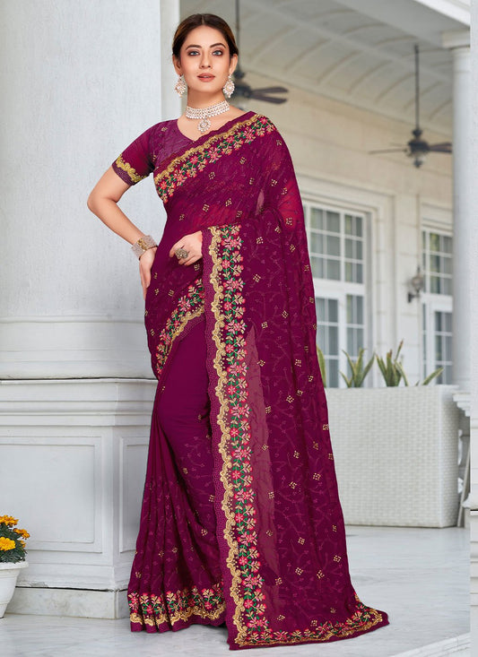 Classic Georgette Purple Embroidered Saree