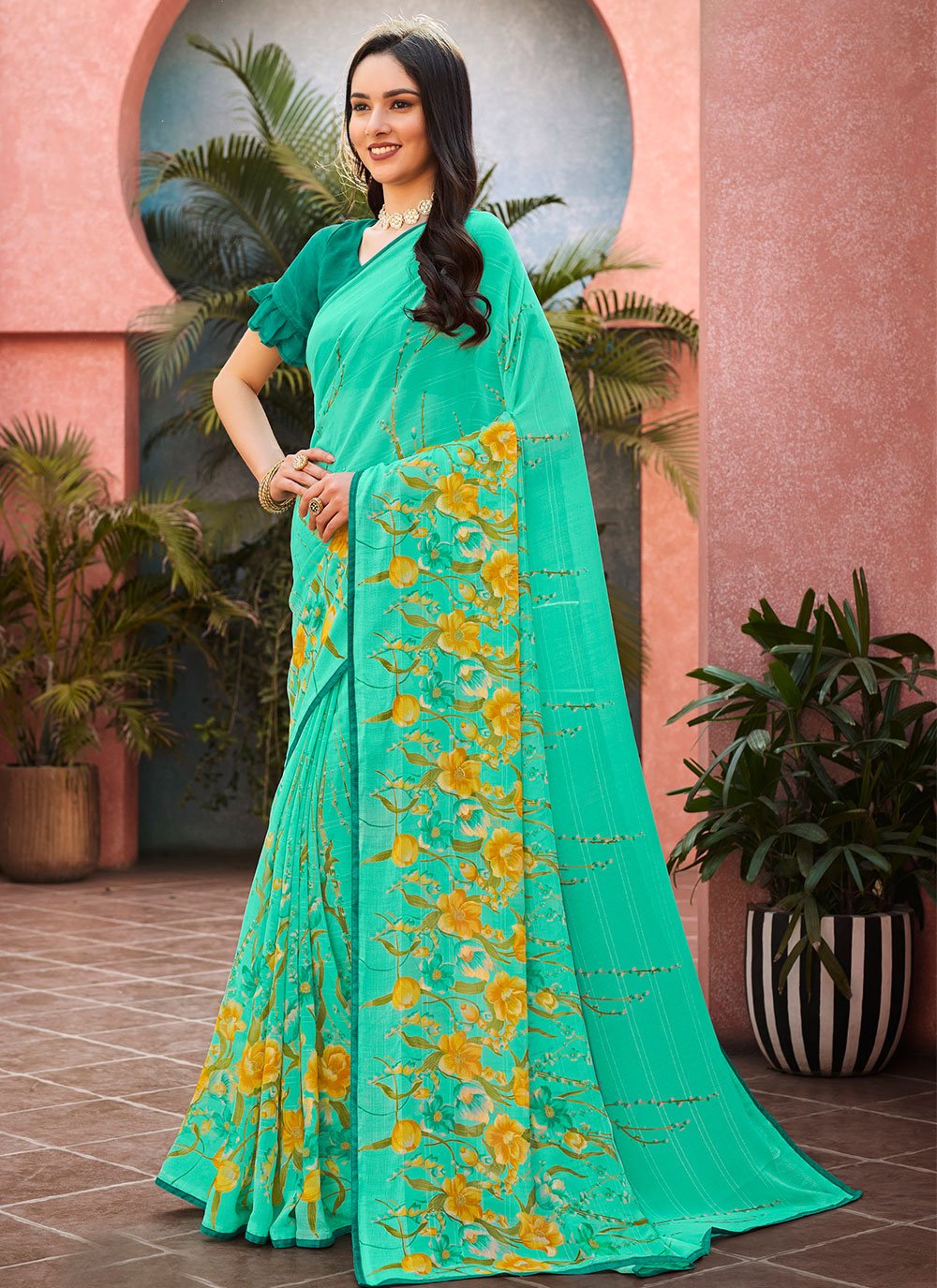 Classic Georgette Sea Green Print Saree