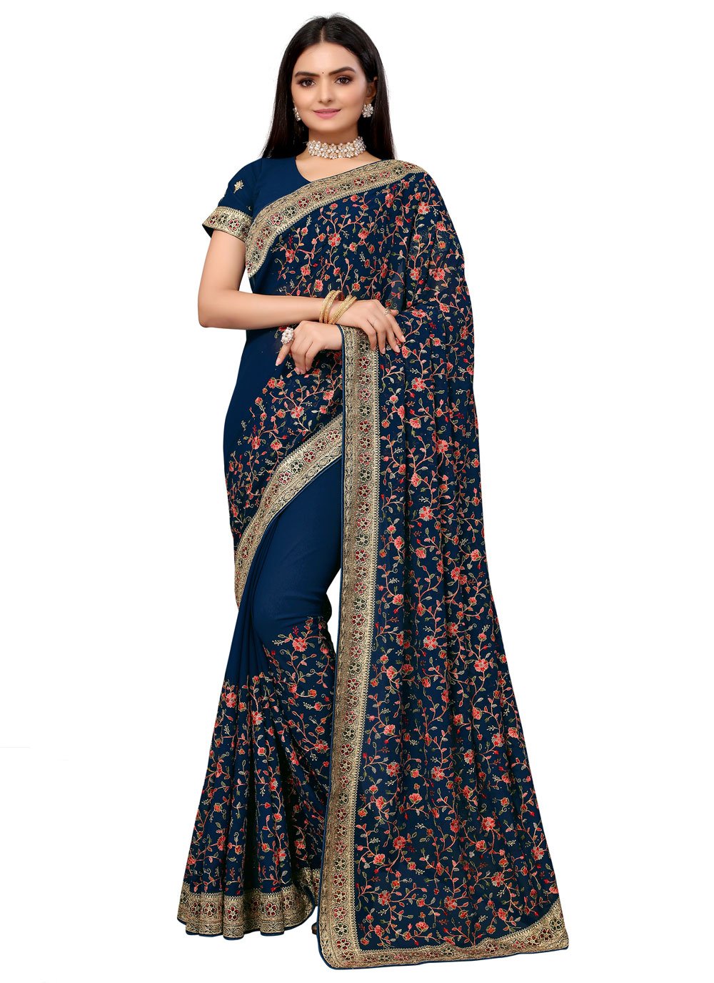 Classic Georgette Teal Embroidered Saree