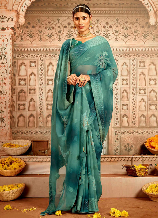 Classic Georgette Turquoise Stone Saree