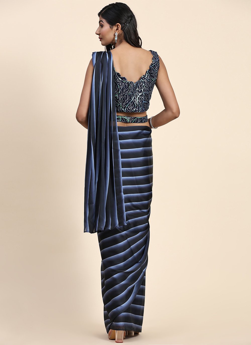 Trendy Saree Georgette Satin Black Blue Embroidered Saree