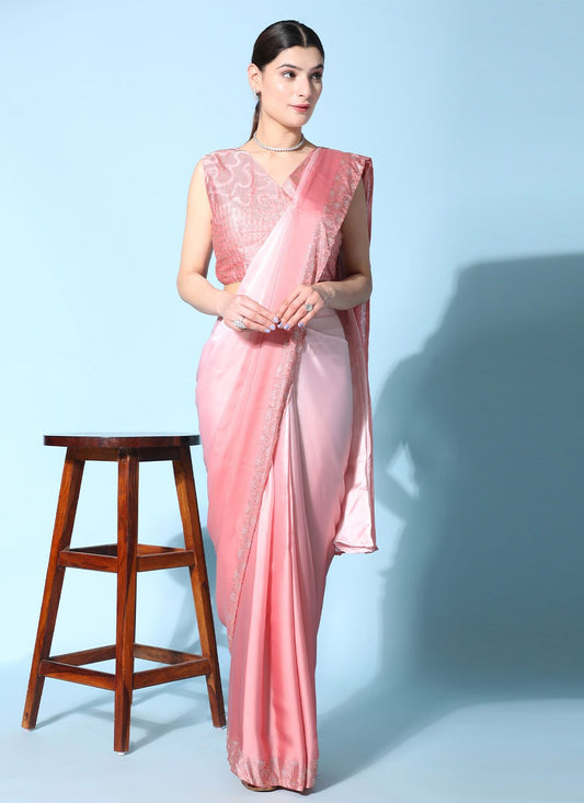 Contemporary Georgette Satin Pink Patch Border Saree