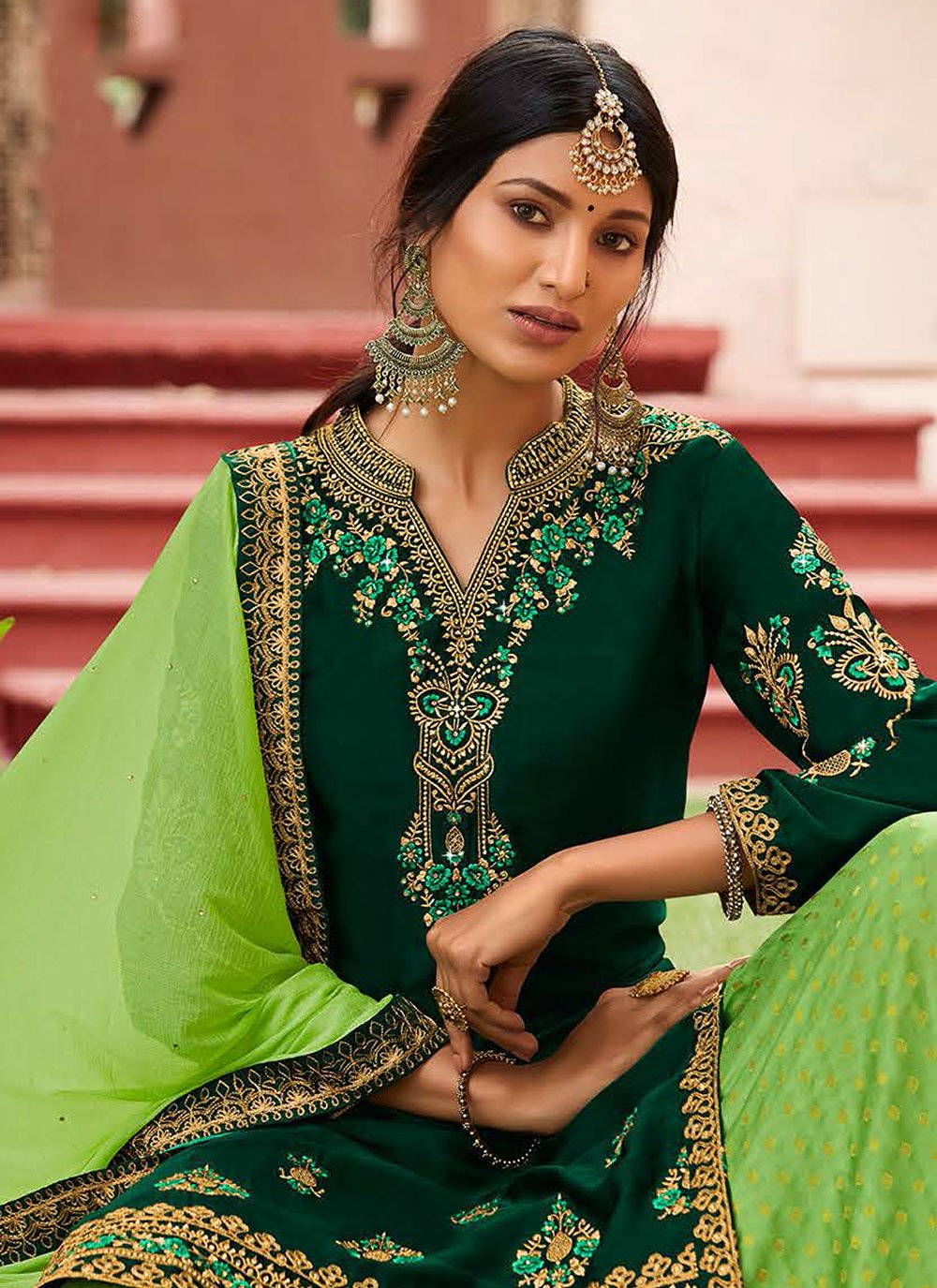 A Line Lehenga Georgette Satin Green Diamond Lehenga Choli