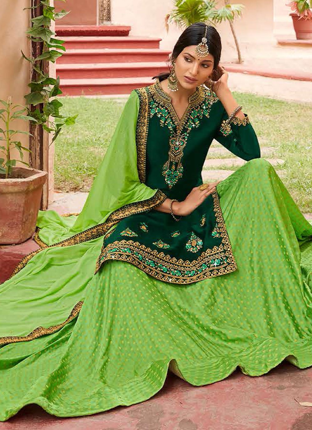 A Line Lehenga Georgette Satin Green Diamond Lehenga Choli