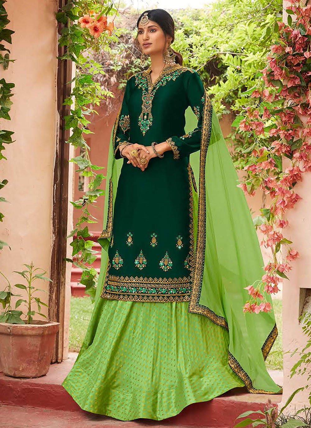 A Line Lehenga Georgette Satin Green Diamond Lehenga Choli