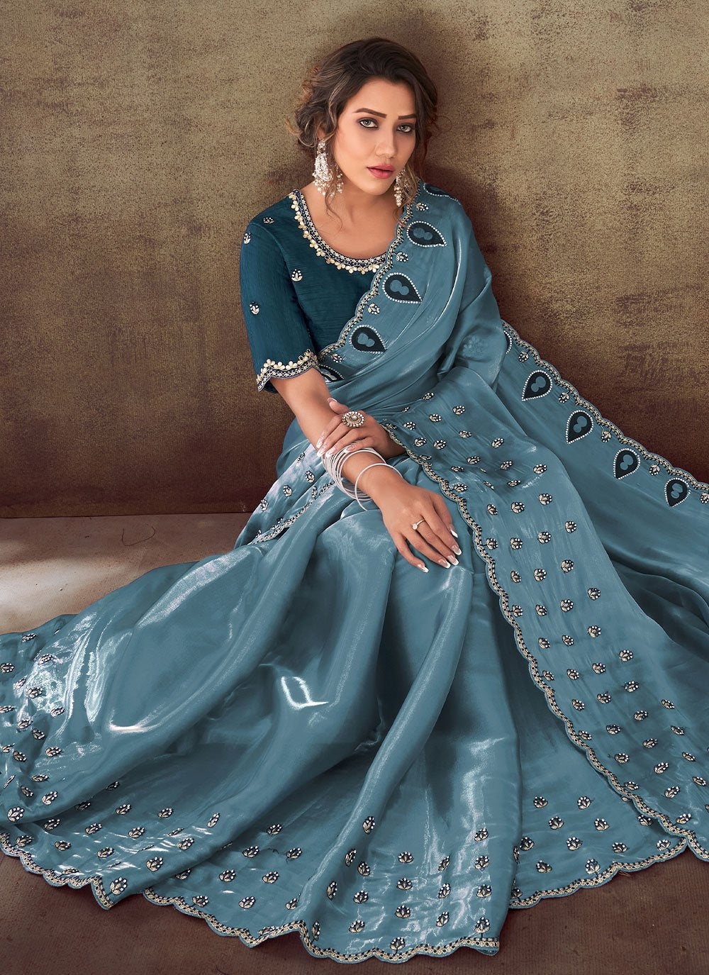 Designer Georgette Satin Blue Embroidered Saree