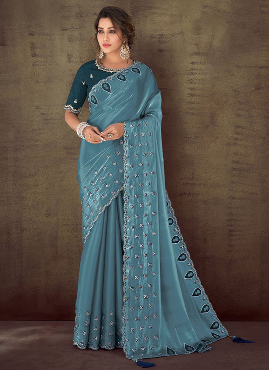 Designer Georgette Satin Blue Embroidered Saree