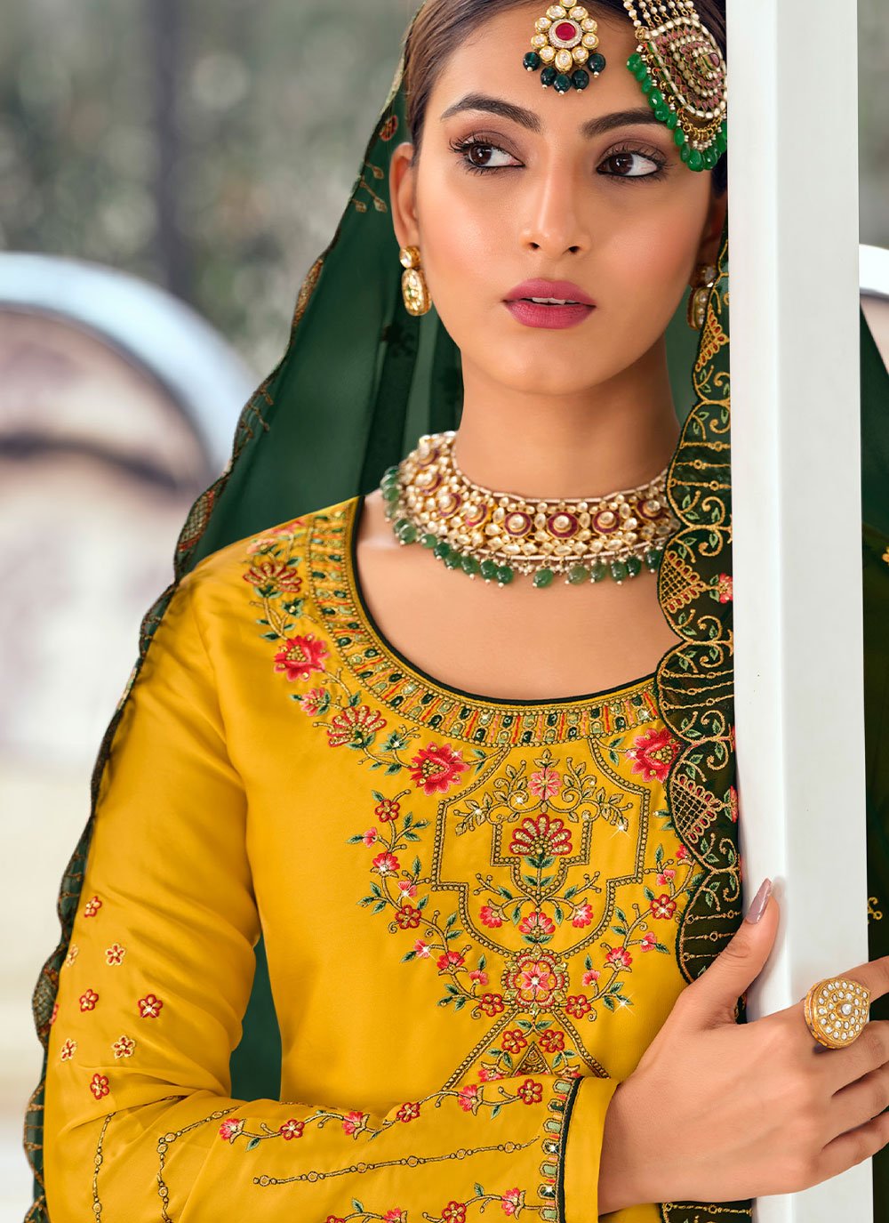 Pakistani Salwar Suit Georgette Satin Green Yellow Diamond Salwar Kameez