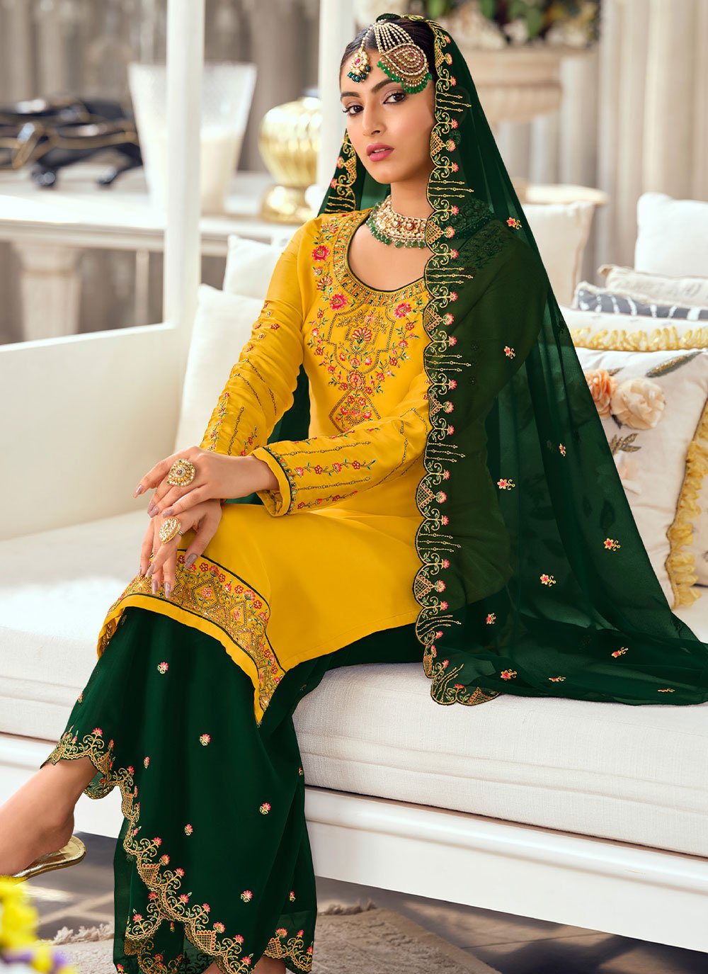 Pakistani Salwar Suit Georgette Satin Green Yellow Diamond Salwar Kameez