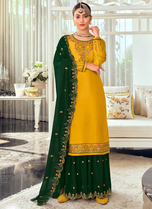 Pakistani Salwar Suit Georgette Satin Green Yellow Diamond Salwar Kameez