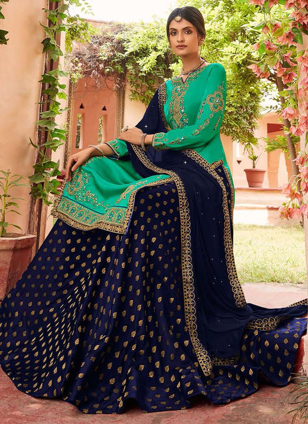 Lehenga Choli Georgette Satin Blue Turquoise Diamond Lehenga Choli